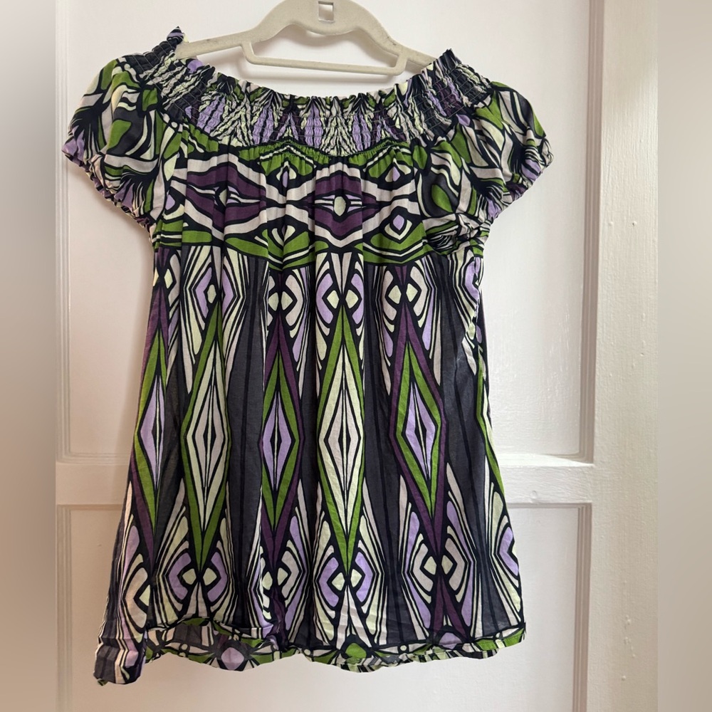 Express Off-Shoulder Geometric Tunic in Purple & Green